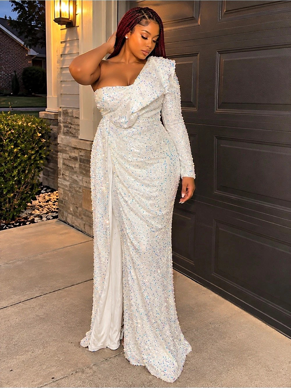 Miss Ord One Shoulder Draped Sequin Dress in White